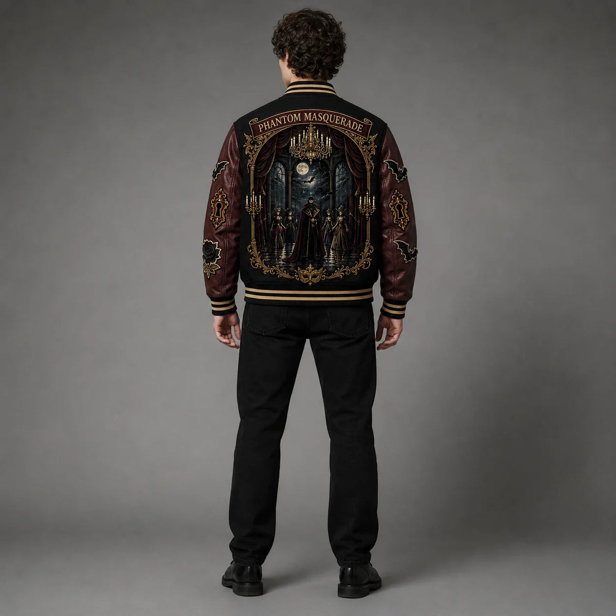 Back view of Phantom Masquerade varsity jacket showing large gothic ballroom artwork and burgundy embroidered sleeves