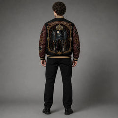 Back view of Phantom Masquerade varsity jacket showing large gothic ballroom artwork and burgundy embroidered sleeves