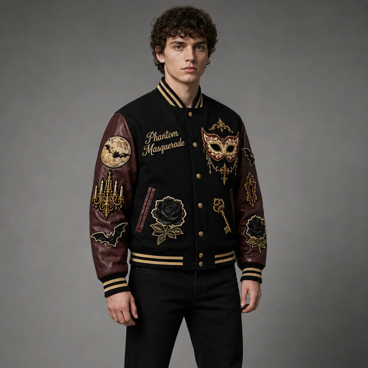Three-quarter view of gothic Halloween varsity jacket highlighting masquerade mask, rose, bat and key embroidery