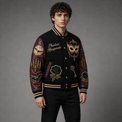 Three-quarter view of gothic Halloween varsity jacket highlighting masquerade mask, rose, bat and key embroidery