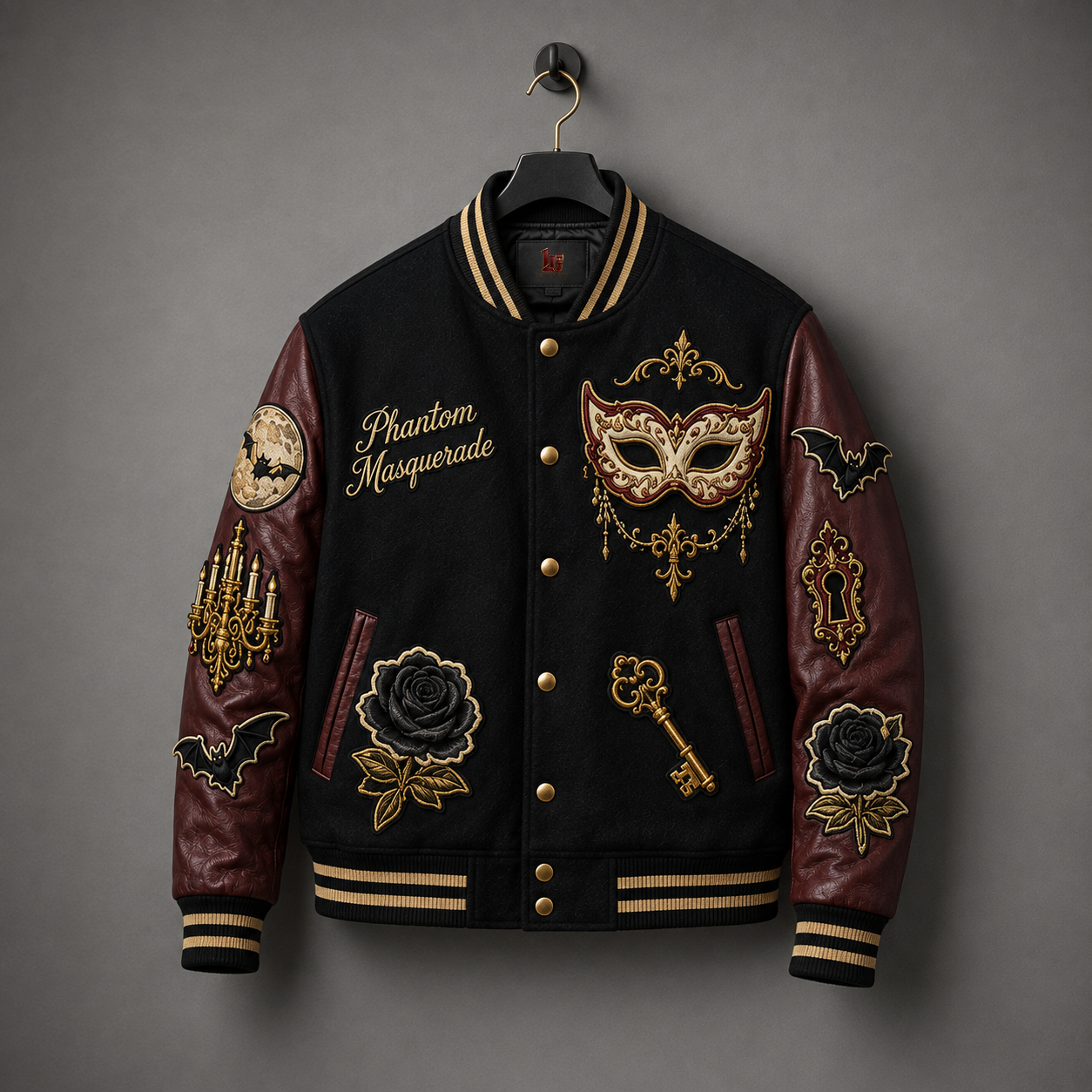 Front view of Phantom Masquerade Halloween varsity jacket with black body, burgundy leather sleeves, mask, roses, bats and key embroidery