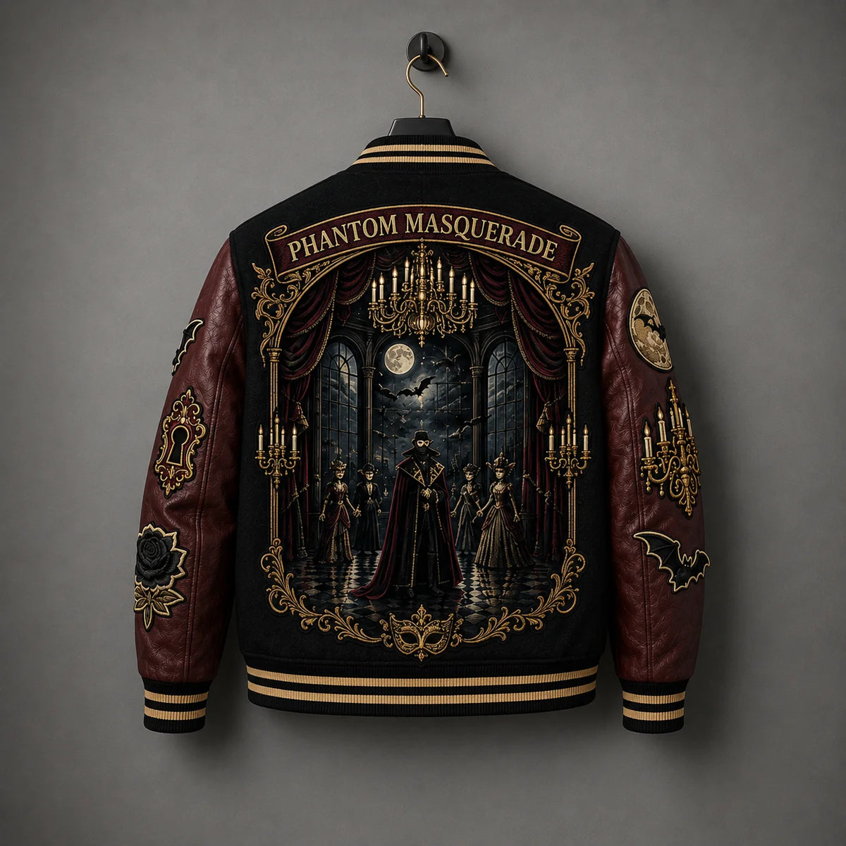 Rear product view of Phantom Masquerade jacket featuring gothic ballroom scene, chandelier, bats and ornate gold detailing