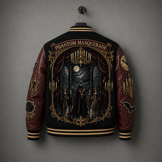 Rear product view of Phantom Masquerade jacket featuring gothic ballroom scene, chandelier, bats and ornate gold detailing