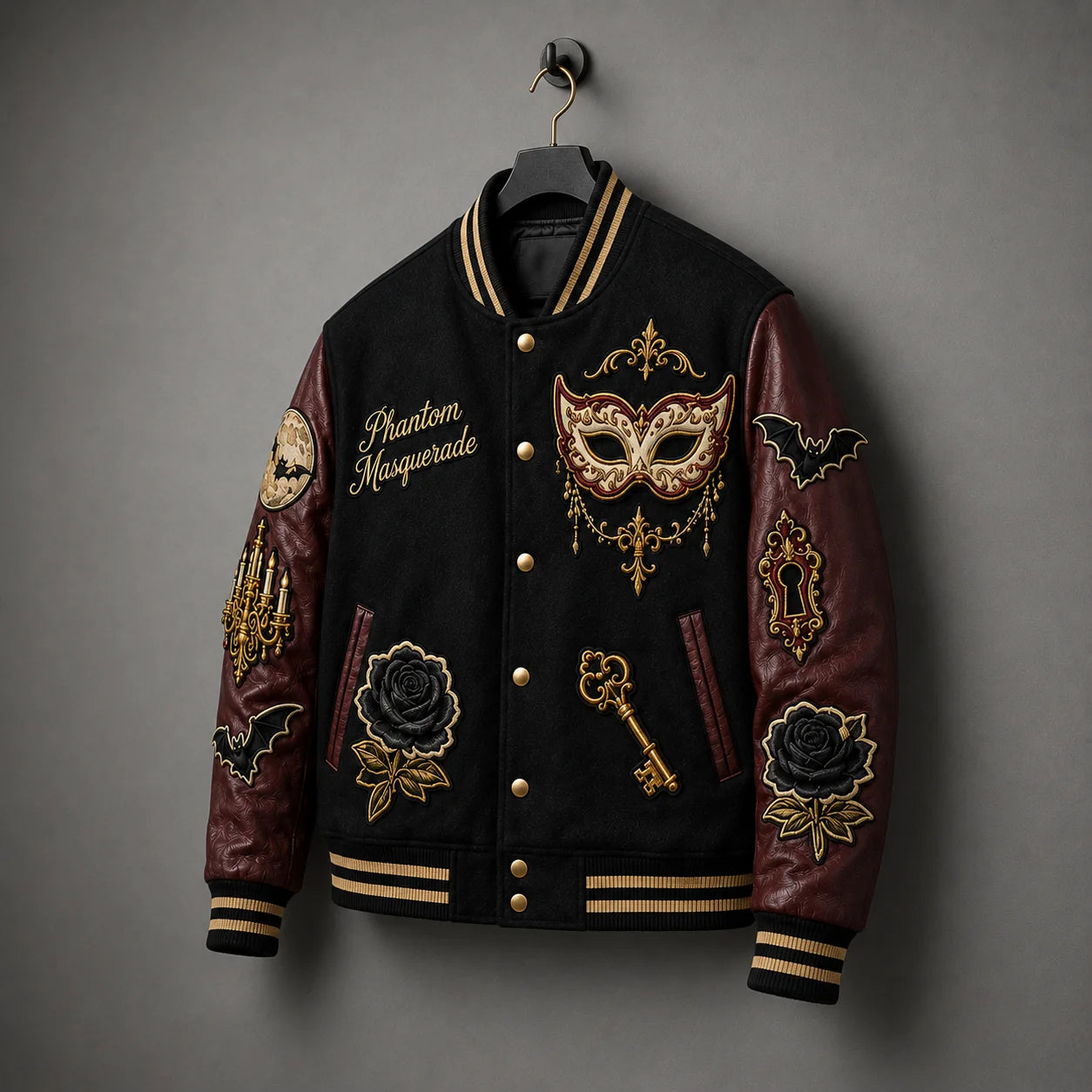 Angled product view of embroidered Halloween varsity jacket with faux leather sleeves, snap closure and striped rib trim