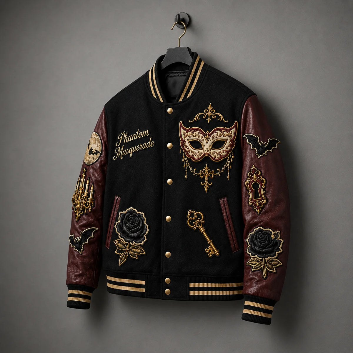 Angled product view of embroidered Halloween varsity jacket with faux leather sleeves, snap closure and striped rib trim