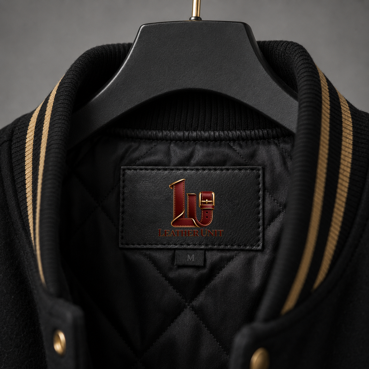 Close-up of Phantom Masquerade Halloween varsity jacket showing black quilted lining, striped rib-knit collar and Leather Unit inner label