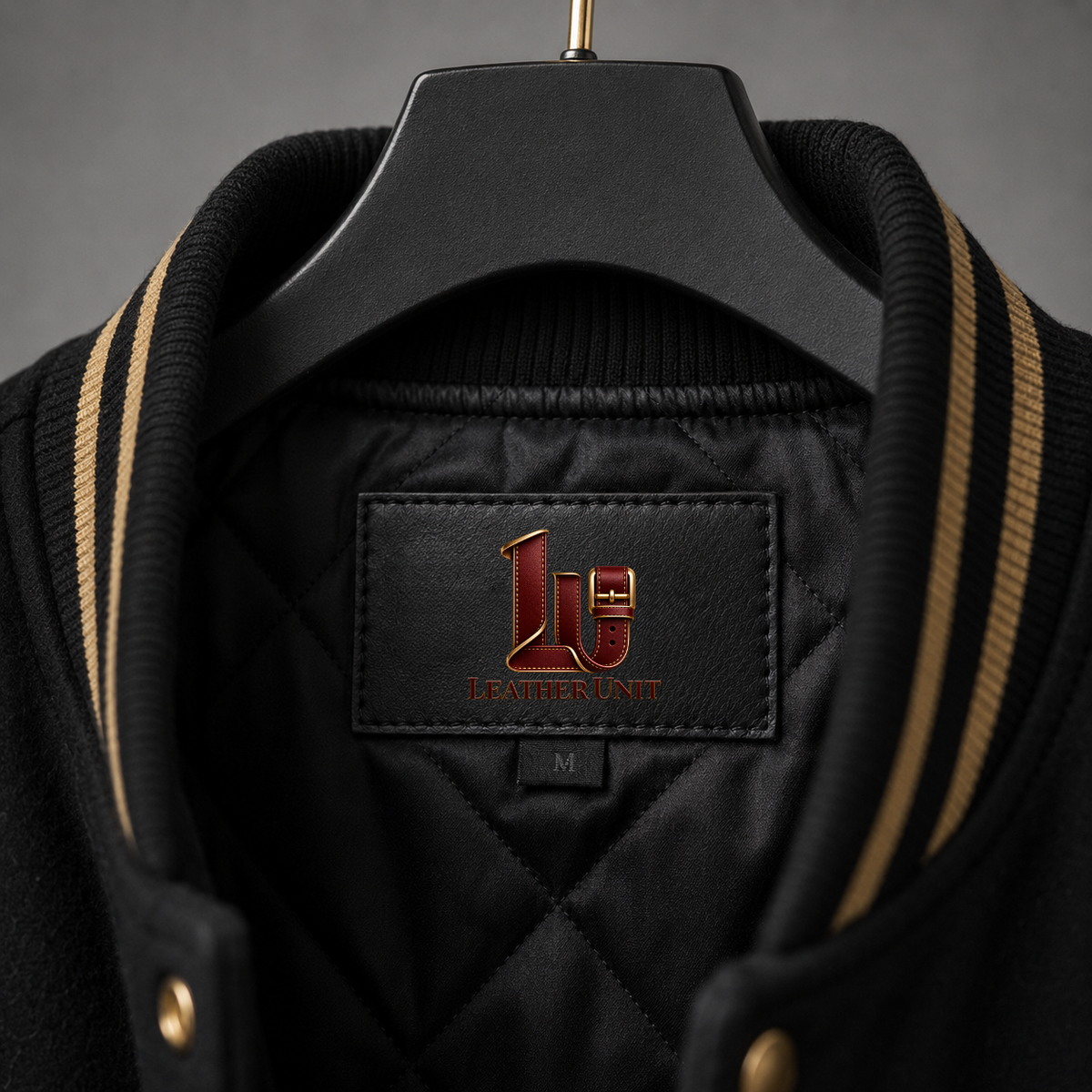 Close-up of Phantom Masquerade Halloween varsity jacket showing black quilted lining, striped rib-knit collar and Leather Unit inner label