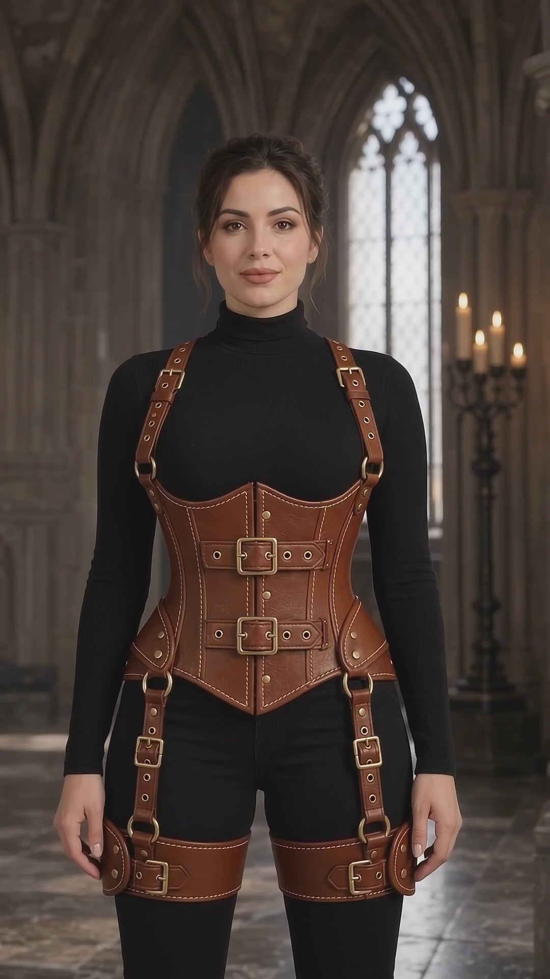 A model wearing a cognac brown leather underbust corset and thigh harness over black clothing poses in a Gothic-style interior. The video includes front, close-up, rear and side views.