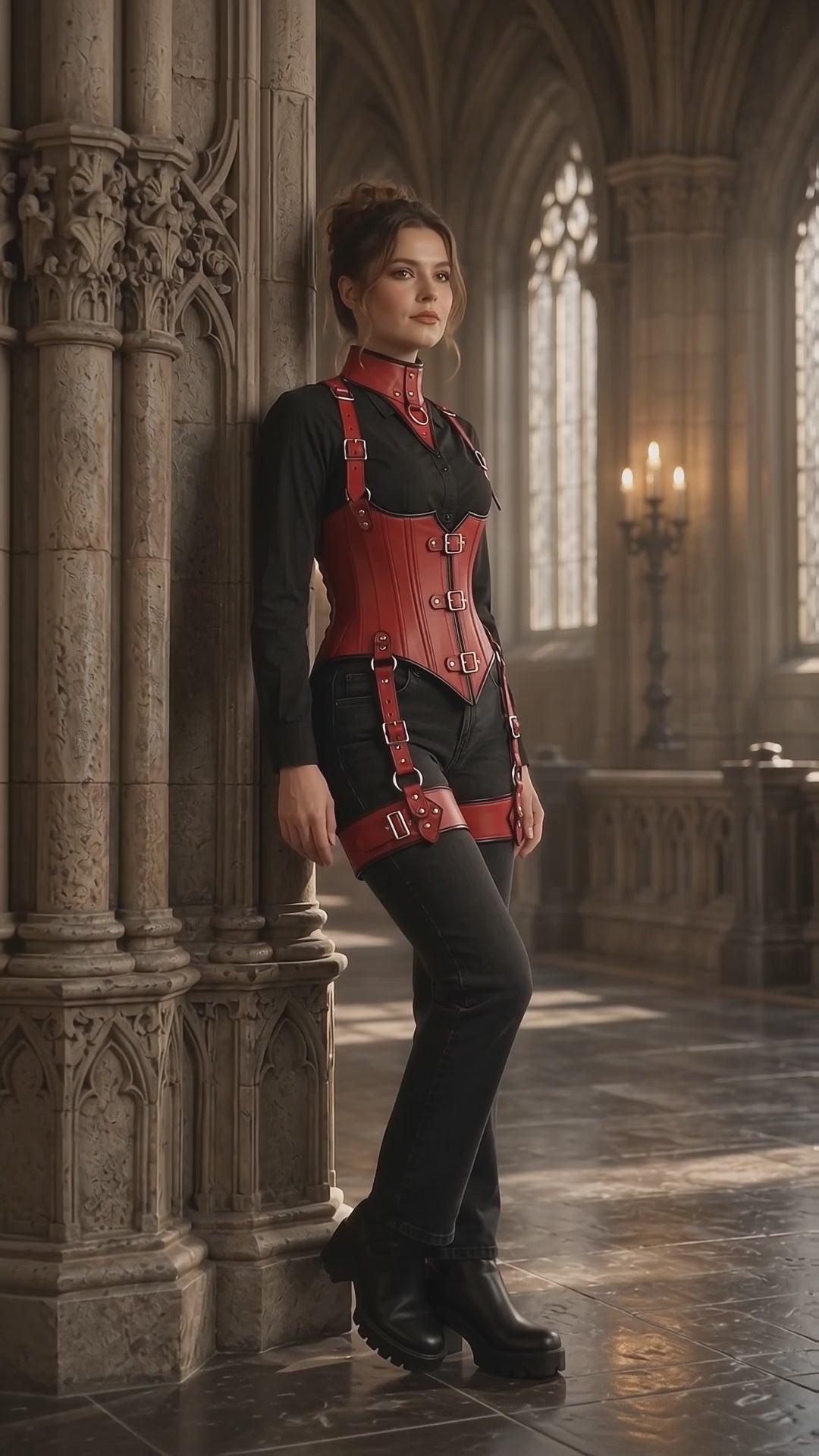 Product video presenting the scarlet red Crimson Crest Gothic corset harness design and its coordinated neck collar, corset and thigh strap styling.