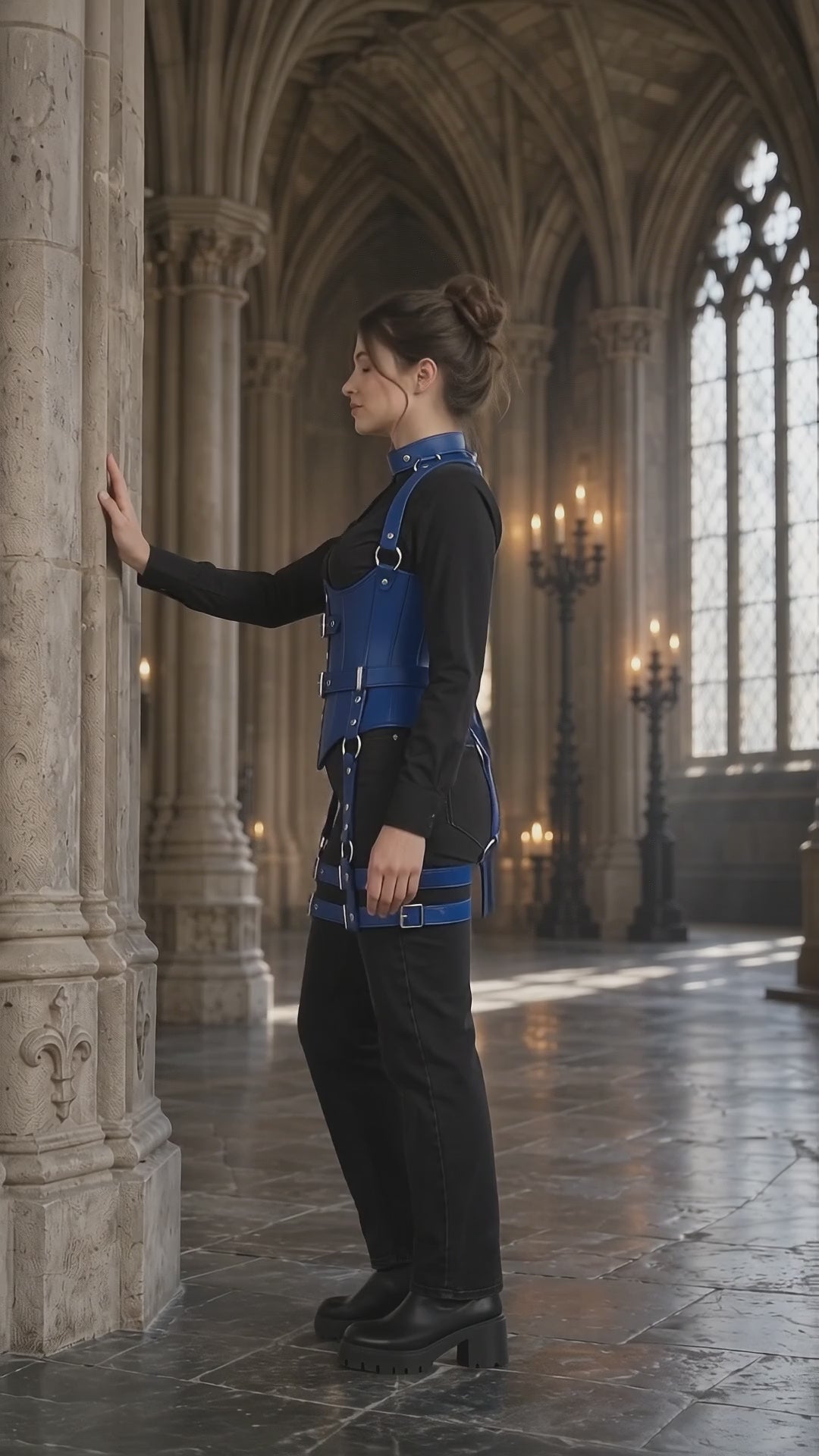 A model wears a cobalt blue underbust corset and matching thigh harness over black clothing. The video moves between full-body poses, close-ups of the front buckles and collar, and a side view in a Gothic interior, ending with a white studio view.