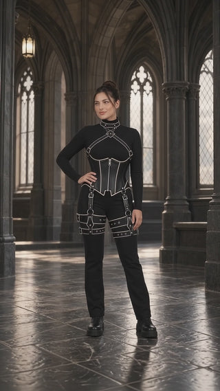 A model wears a black leather underbust corset and matching thigh harness over black fitted clothing. The video shows the front zip, ivory piping, chest harness, side buckles, back lacing and thigh bands through standing, turning and seated poses.
