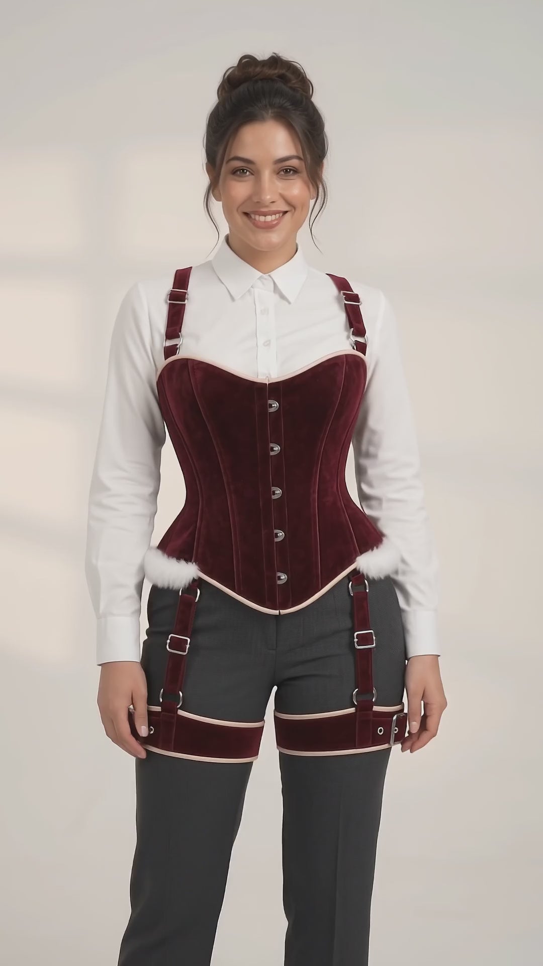 Short fashion product video highlighting burgundy velvet corset panels, silver-tone front fasteners and coordinating harness details.