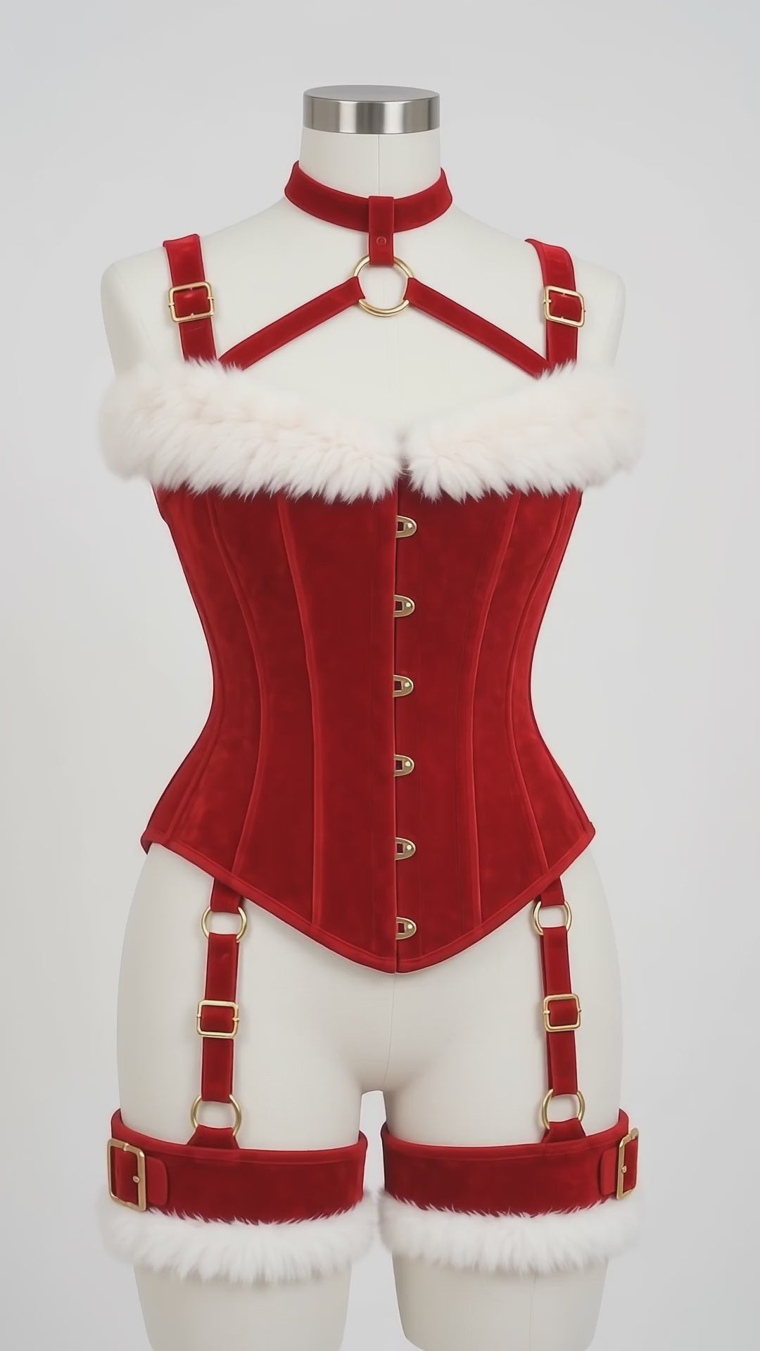 Fashion video showing a model walking in a red velvet Christmas corset harness with white fluffy neckline and thigh-band trim, neck ring and matching velvet straps.