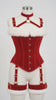Fashion video showing a model walking in a red velvet Christmas corset harness with white fluffy neckline and thigh-band trim, neck ring and matching velvet straps.