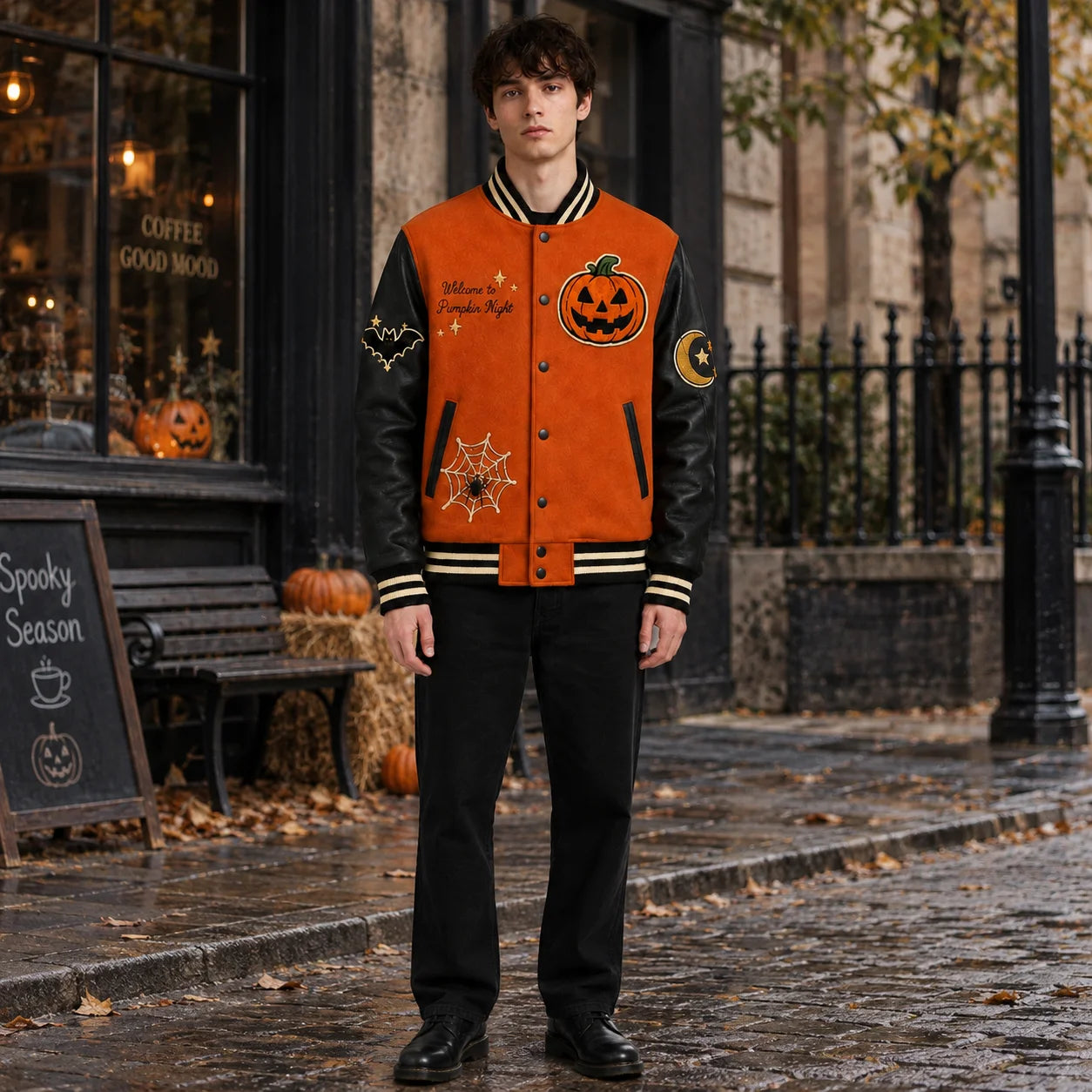 Model wearing burnt orange Pumpkin Night Halloween varsity jacket with black leather sleeves in an autumn street setting