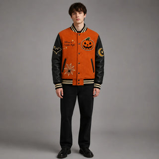 Front studio view of Pumpkin Night Halloween varsity jacket on model showing pumpkin, bat, moon and spiderweb patches