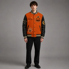 Front studio view of Pumpkin Night Halloween varsity jacket on model showing pumpkin, bat, moon and spiderweb patches
