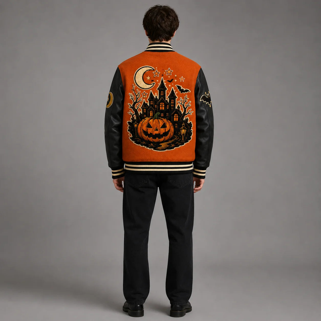 Back studio view of orange and black Halloween varsity jacket showing large haunted castle, pumpkin, moon and bat embroidery