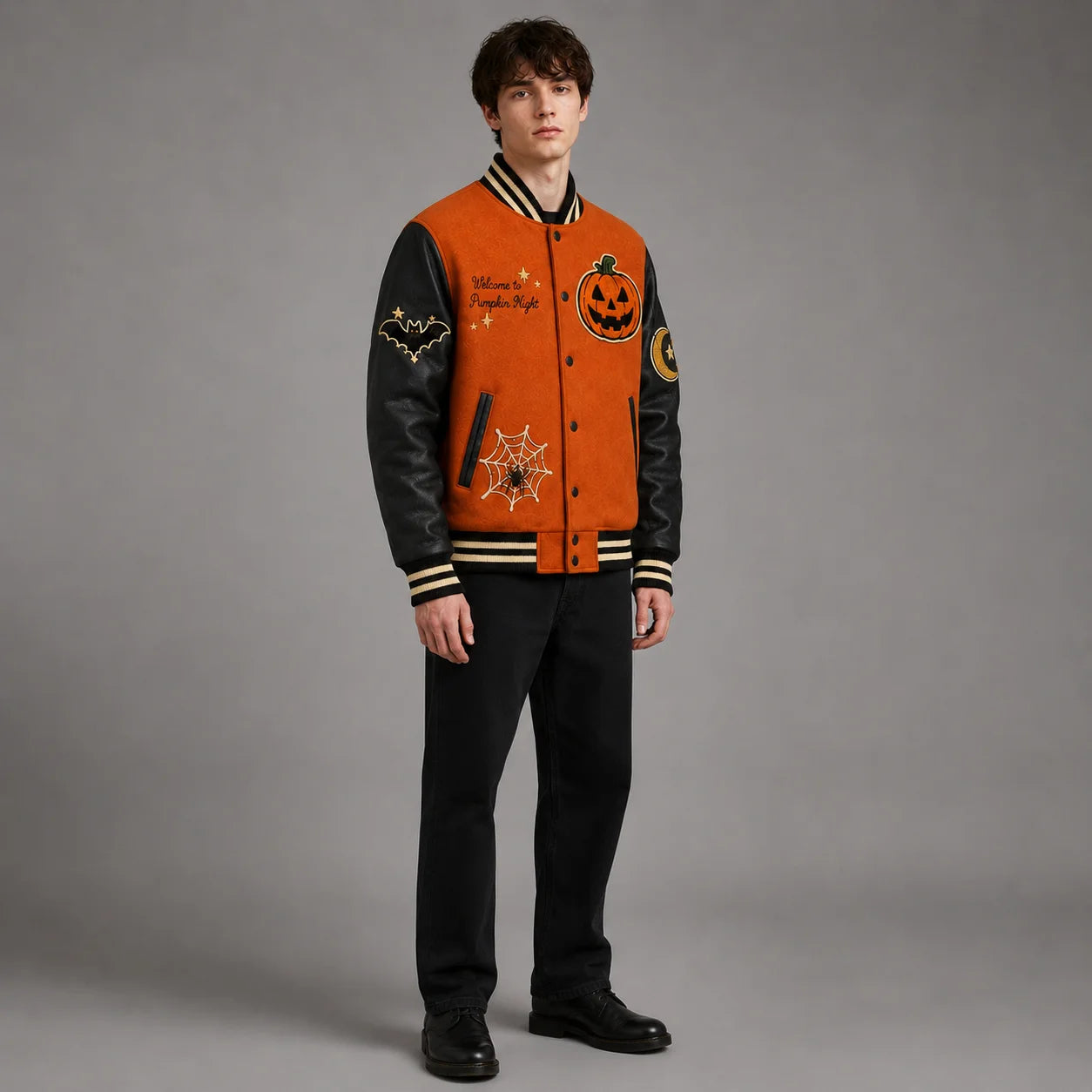 Three-quarter studio view of Pumpkin Night varsity jacket with burnt orange body, black leather sleeves and striped rib-knit trim
