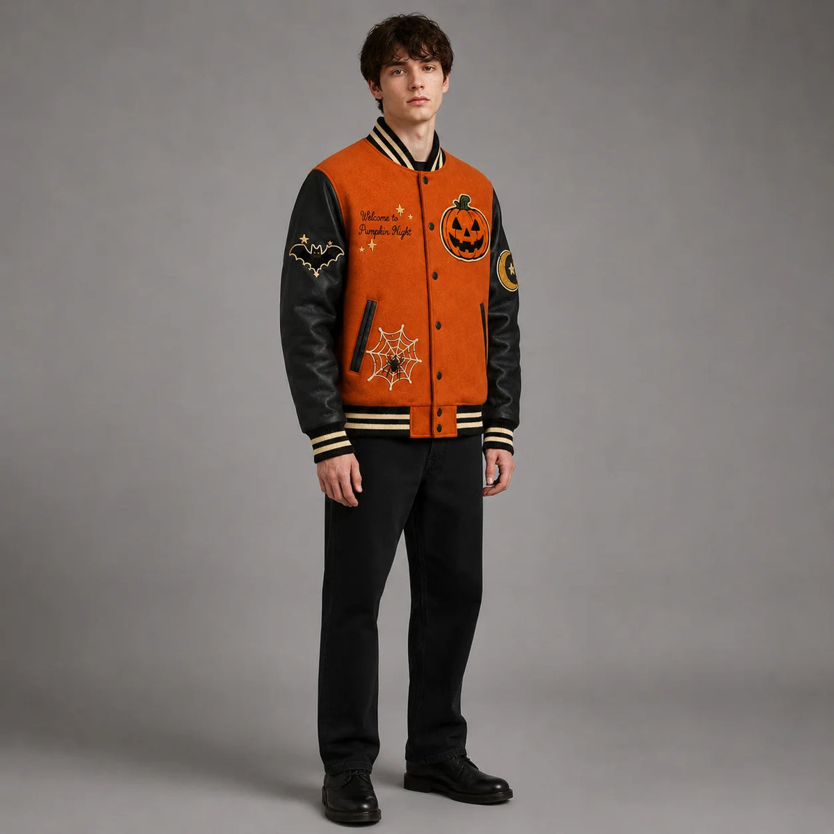 Three-quarter studio view of Pumpkin Night varsity jacket with burnt orange body, black leather sleeves and striped rib-knit trim