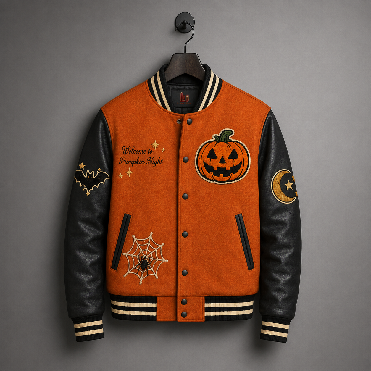 Hanger front view of burnt orange Halloween varsity jacket with pumpkin, spiderweb, bat and crescent moon embroidered patches
