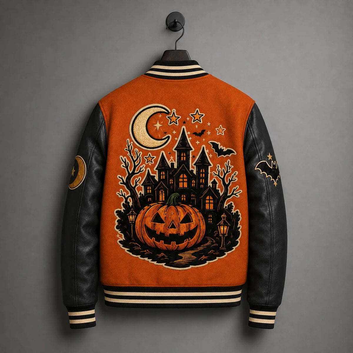Hanger back view of Halloween varsity jacket featuring large haunted castle and jack-o-lantern embroidery on orange body