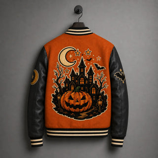 Hanger back view of Halloween varsity jacket featuring large haunted castle and jack-o-lantern embroidery on orange body