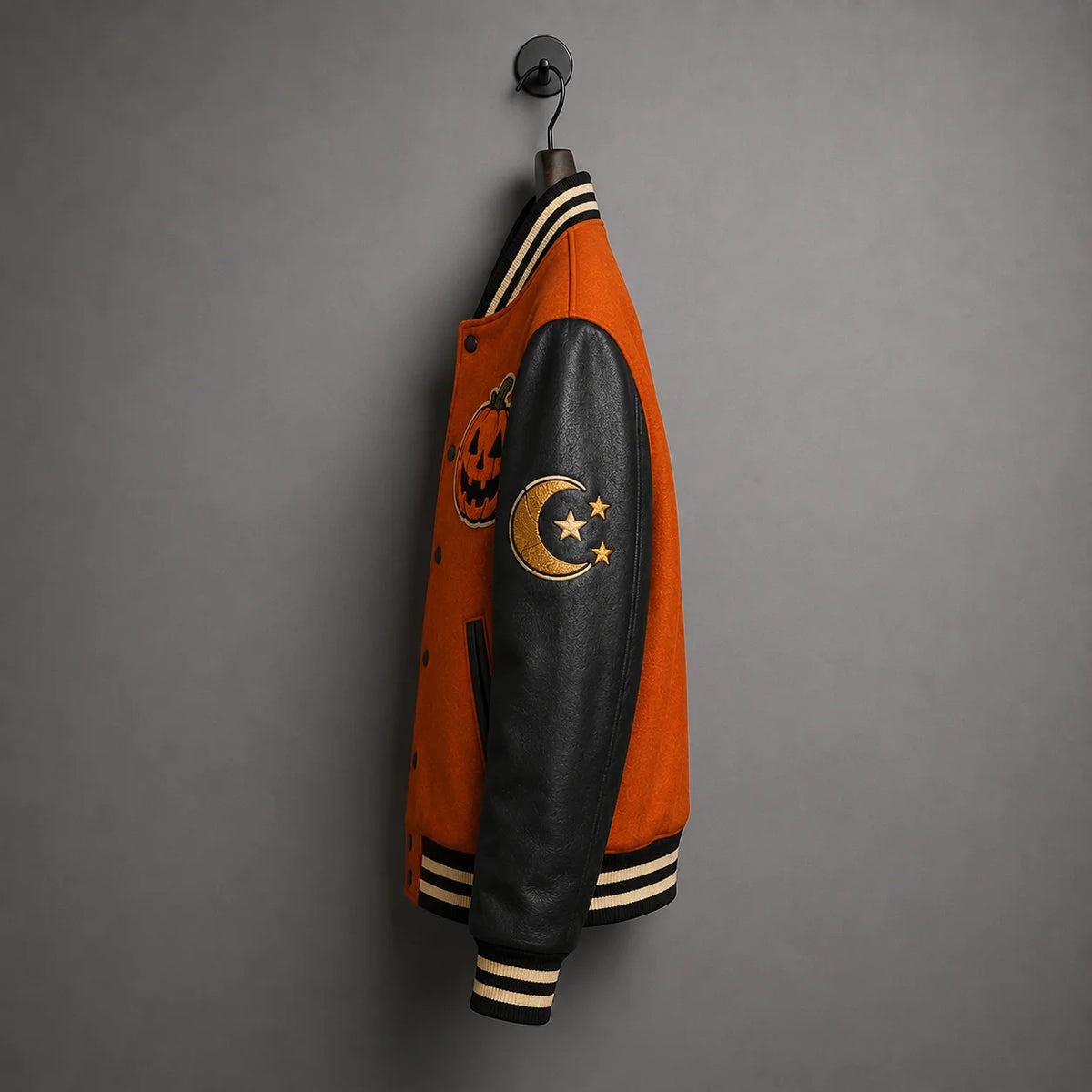 Side hanger view of black leather sleeve with crescent moon and star patch on burnt orange Halloween varsity jacket