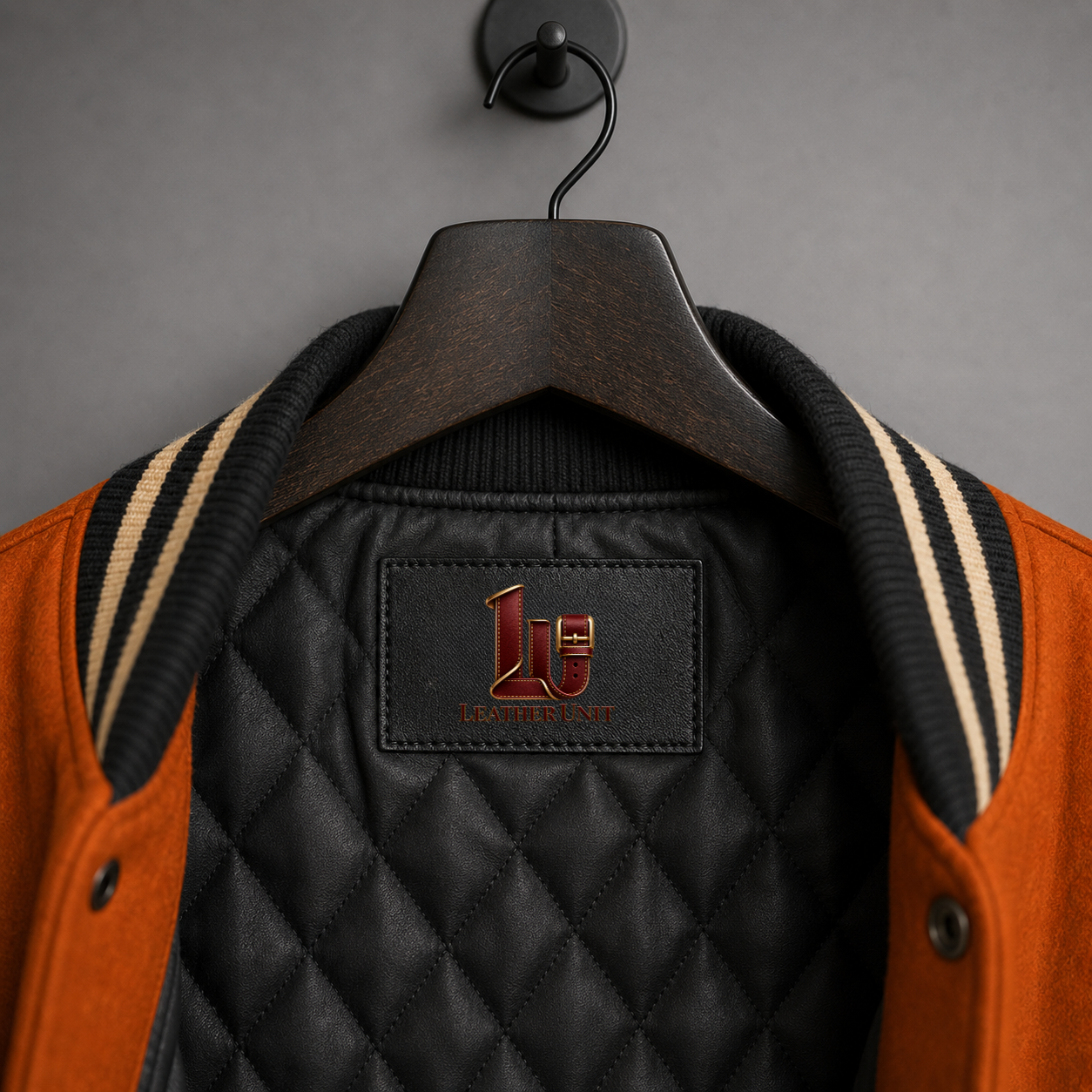Close-up of black quilted jacket interior, striped rib-knit collar and Leather Unit neck label on Pumpkin Night varsity jacket