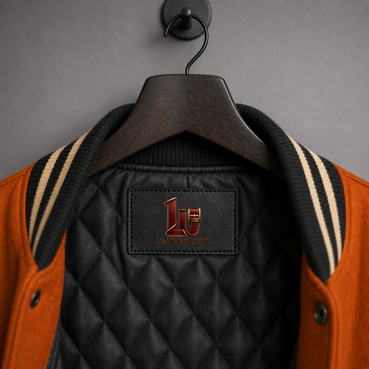 Close-up of black quilted jacket interior, striped rib-knit collar and Leather Unit neck label on Pumpkin Night varsity jacket