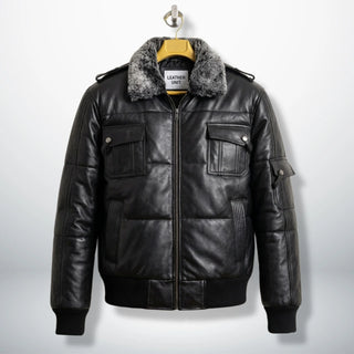 Front view of Rafael black men's puffer bomber leather jacket with faux fur collar by Leather Unit