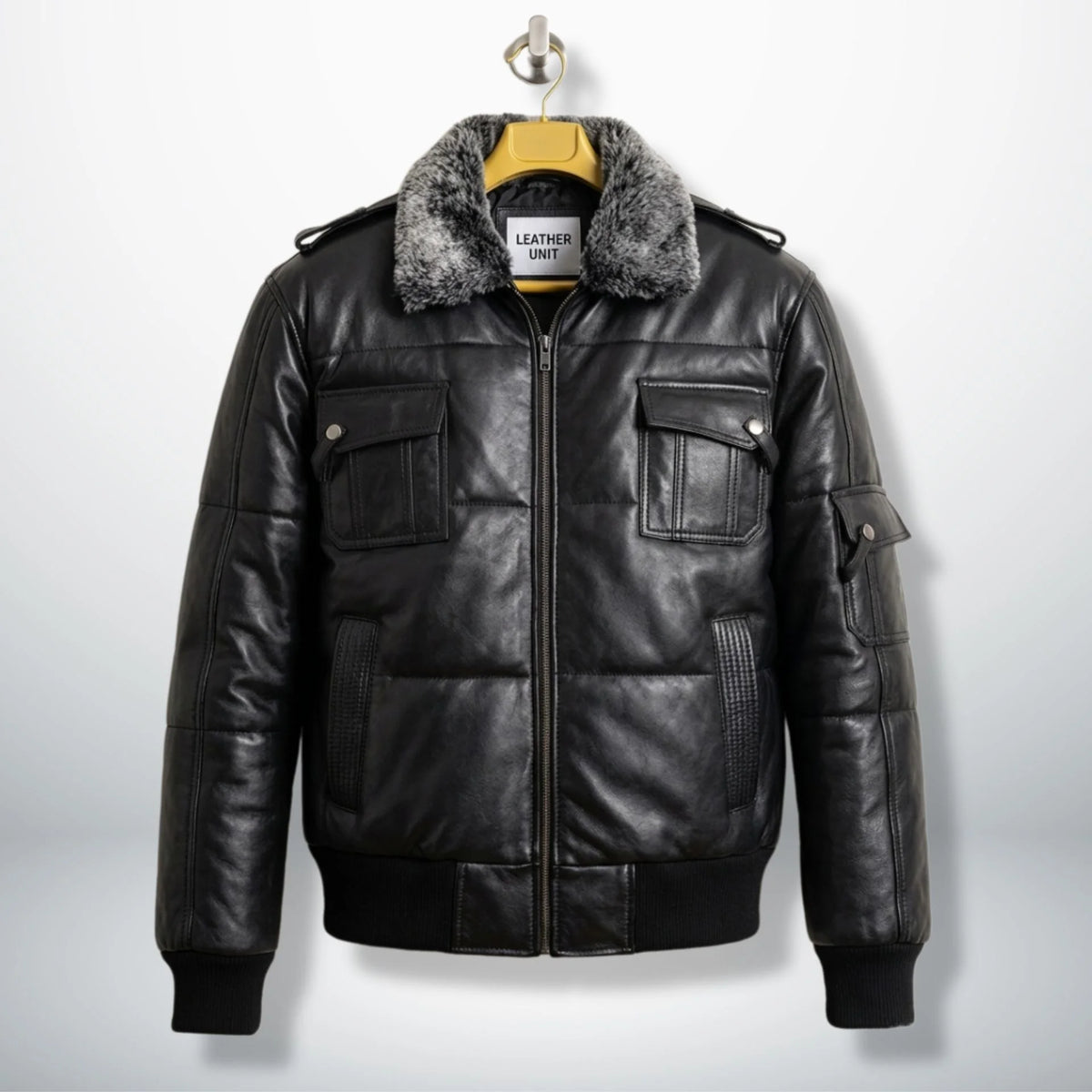 Front view of Rafael black men's puffer bomber leather jacket with faux fur collar by Leather Unit