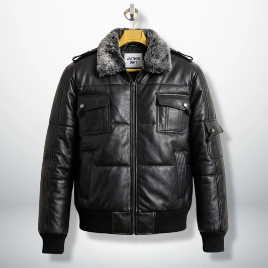 Front view of Rafael black men's puffer bomber leather jacket with faux fur collar by Leather Unit