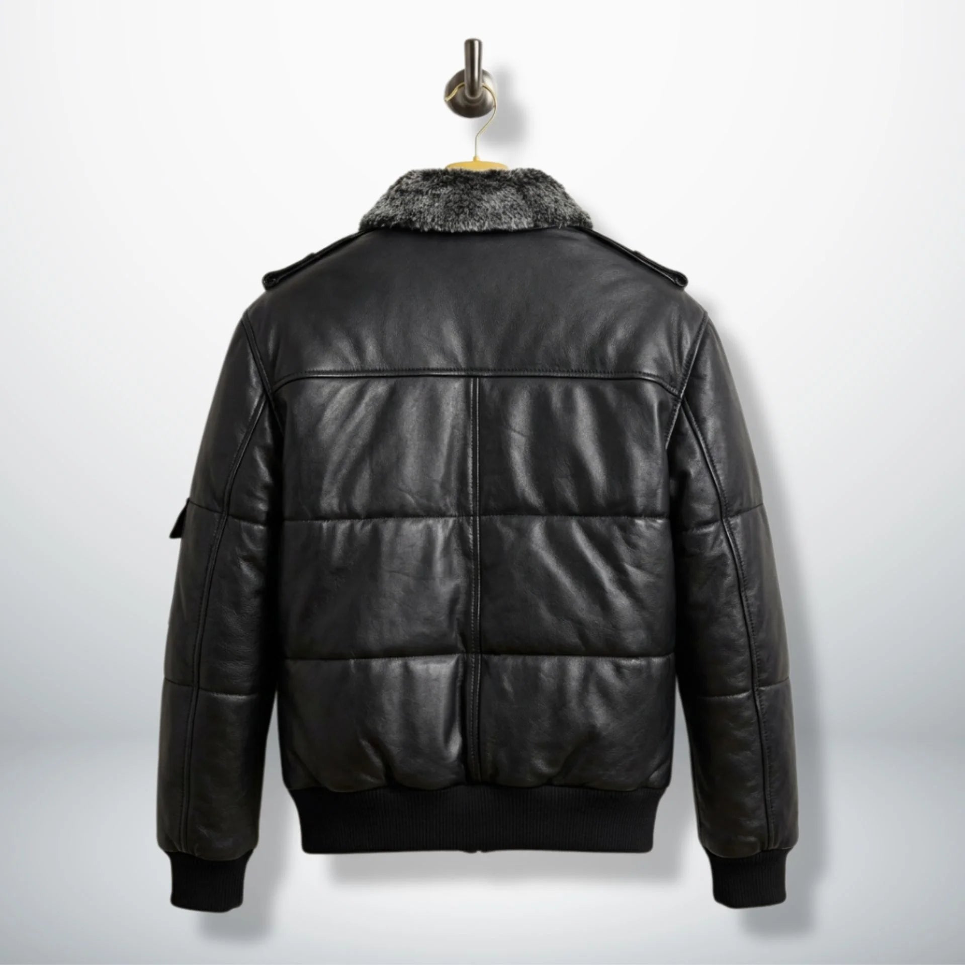 Back view of black puffer bomber leather jacket for men with ribbed hem