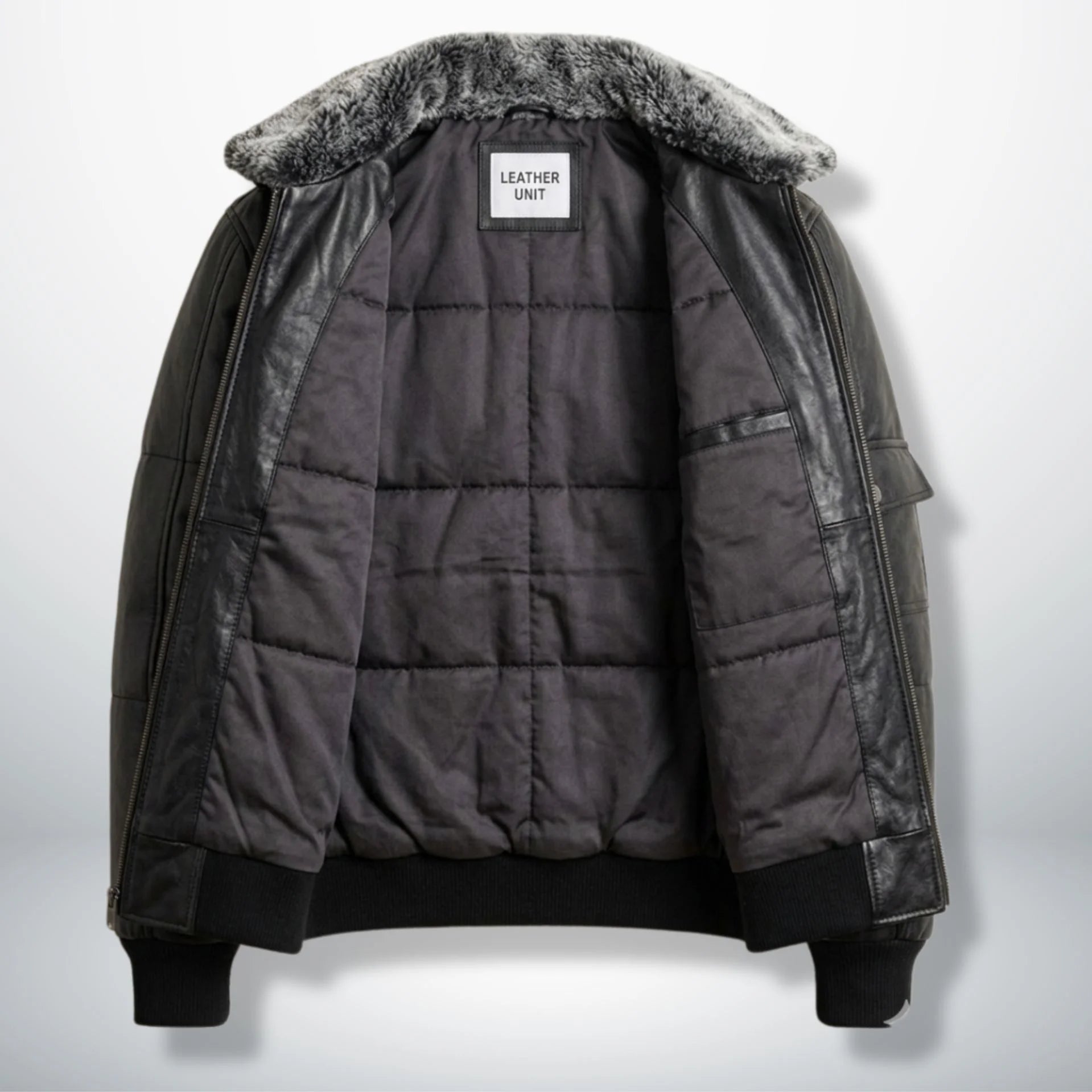 Interior quilted lining of black puffer bomber leather jacket for men