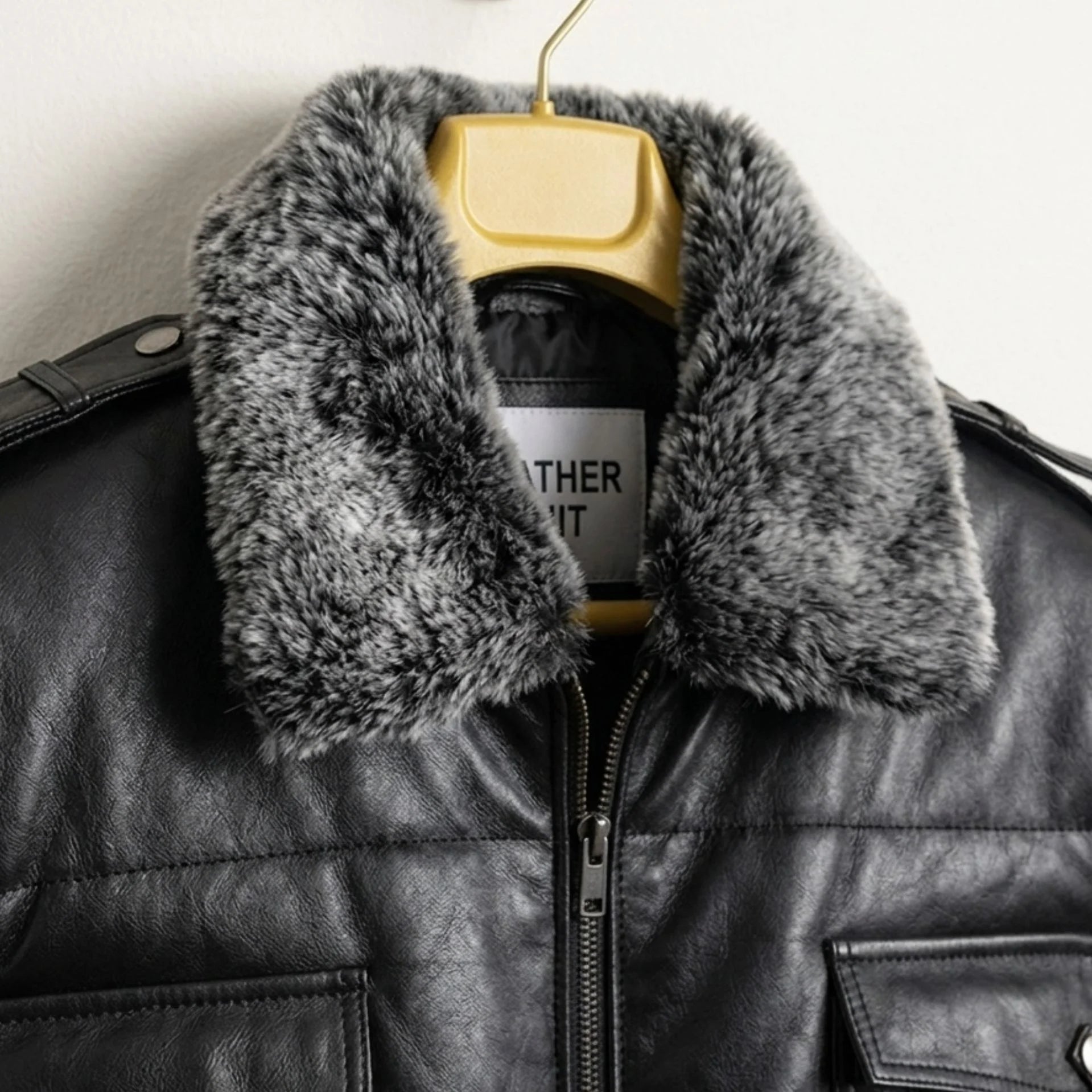 Close-up of grey faux fur collar on black leather bomber jacket