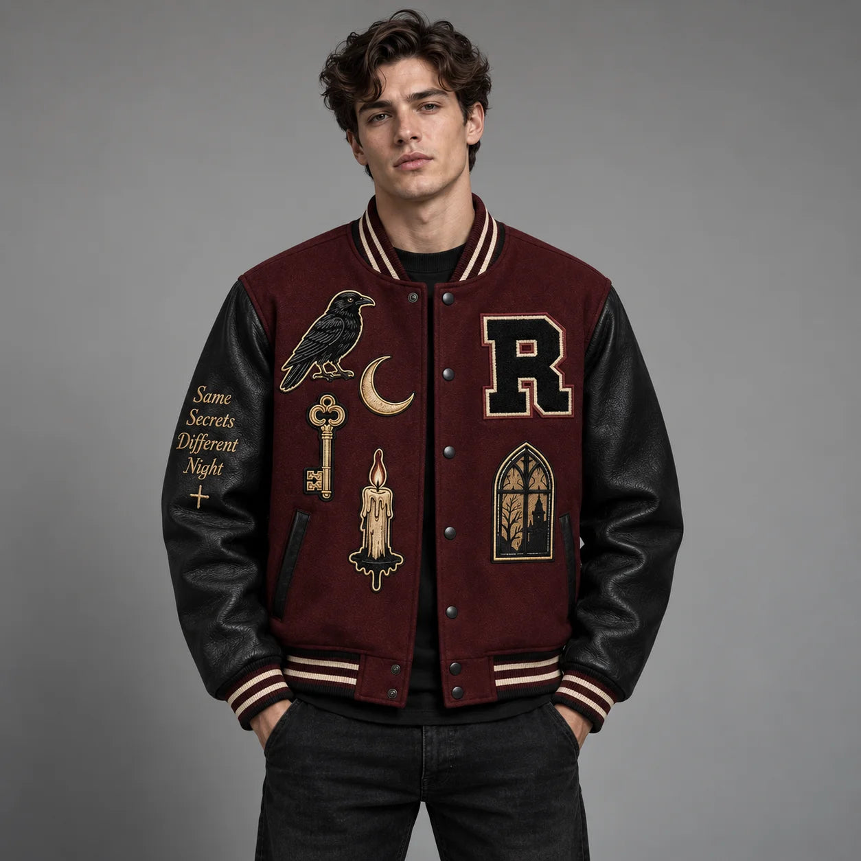 Front studio view of burgundy Halloween varsity jacket with raven, moon, key and candle embroidered patches