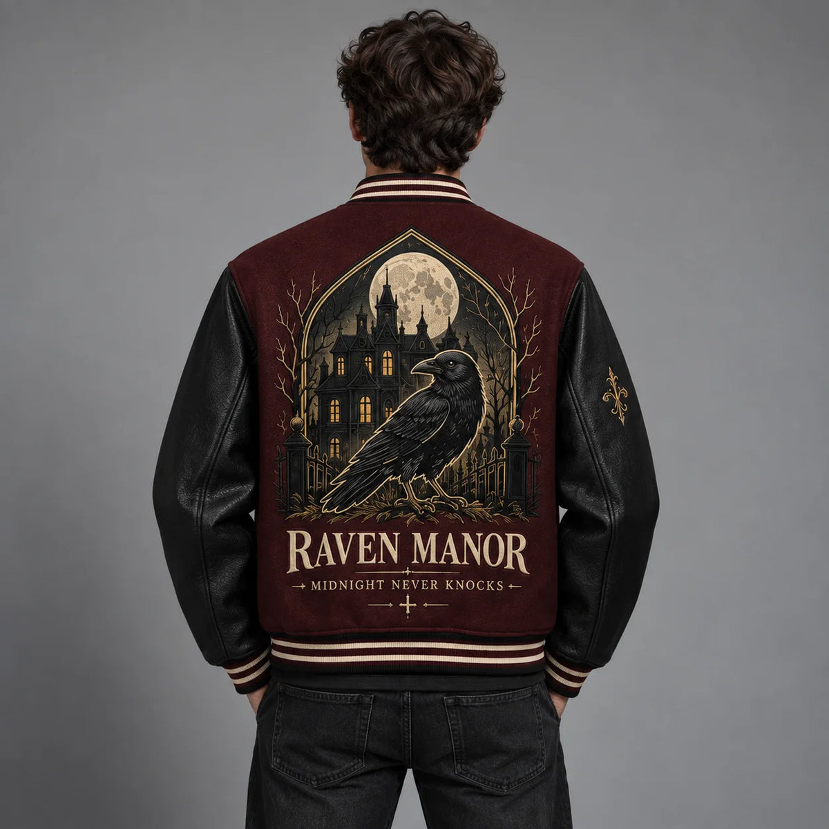 Back model view of Raven Manor gothic varsity jacket showing raven, full moon and haunted mansion artwork