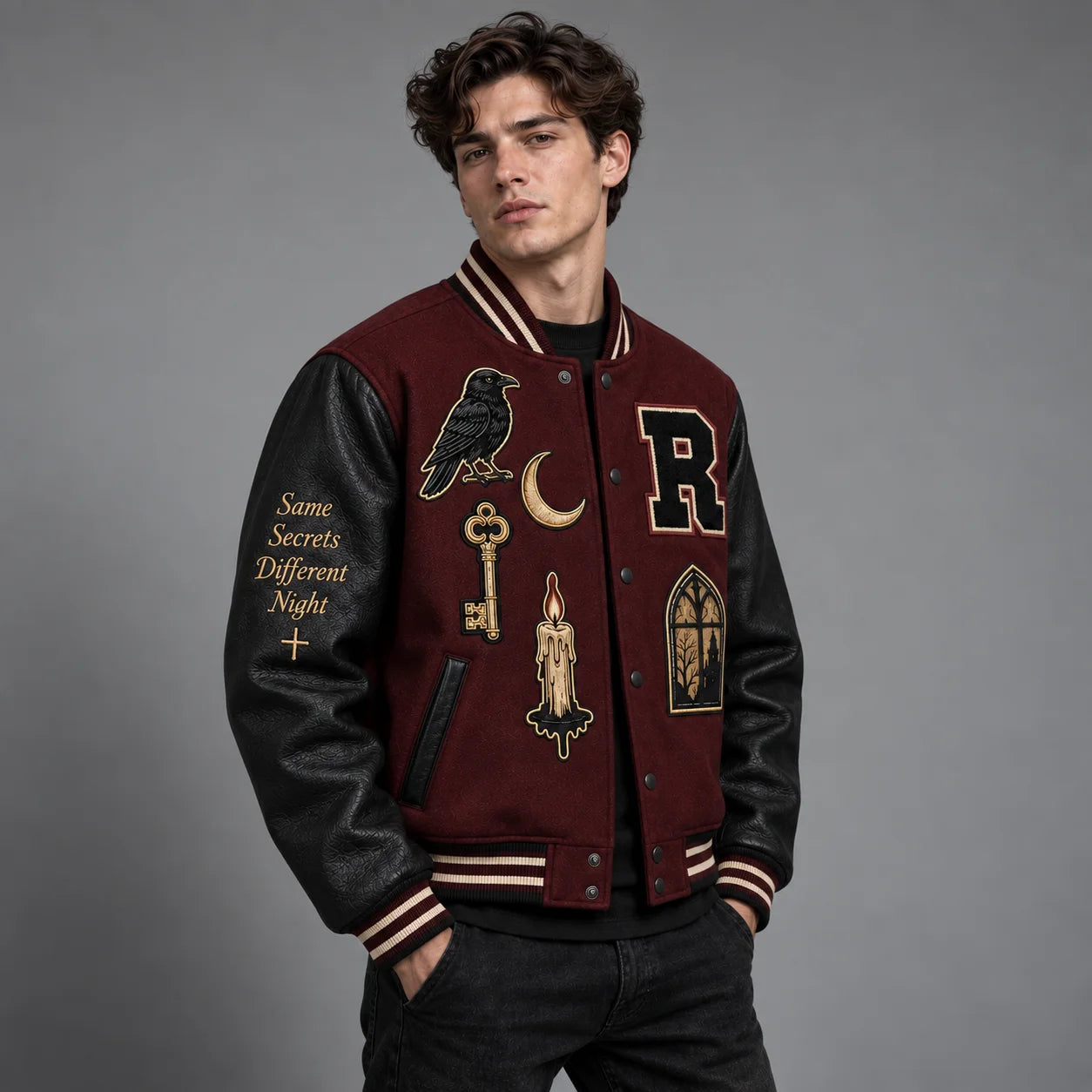 Three-quarter model view of burgundy and black gothic Halloween varsity jacket with leather sleeves
