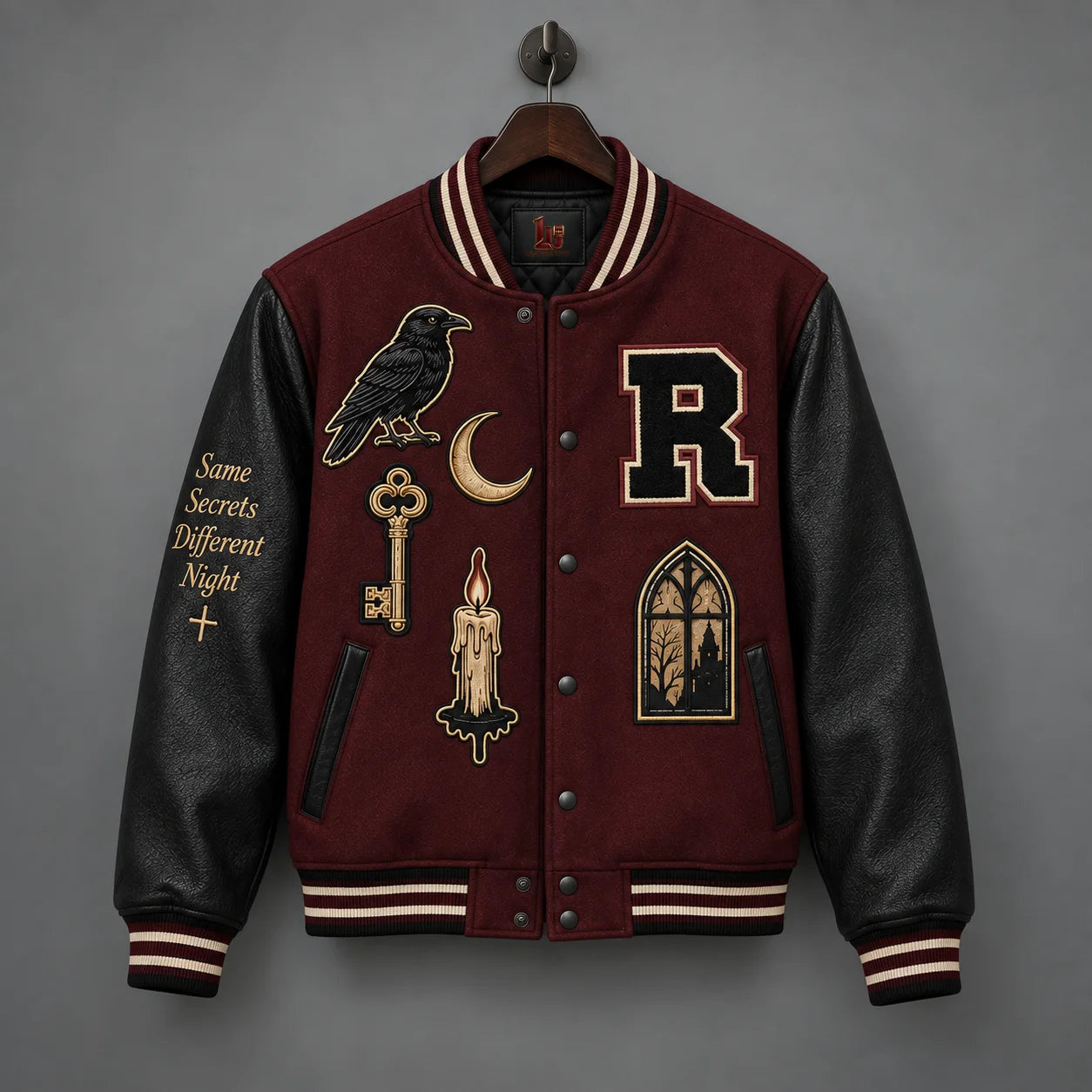 Front hanging view of Raven Manor varsity jacket with black leather sleeves, raven patch and gothic window design