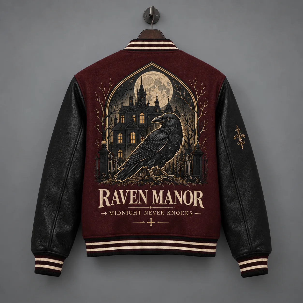 Back hanging view of burgundy Raven Manor jacket featuring large raven, moon, iron gate and Gothic mansion artwork