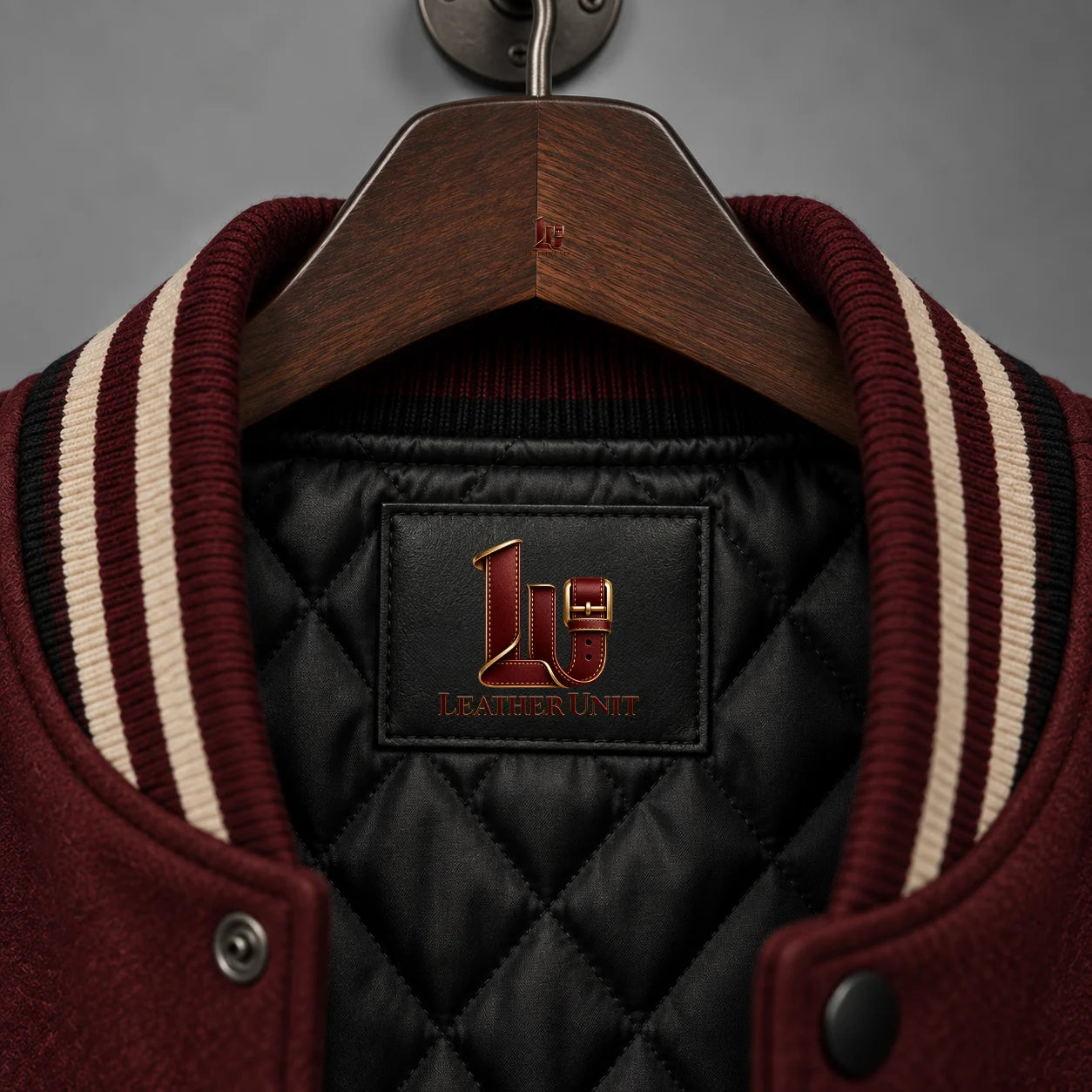 Close-up of Raven Manor varsity jacket black quilted lining and burgundy black cream striped rib collar