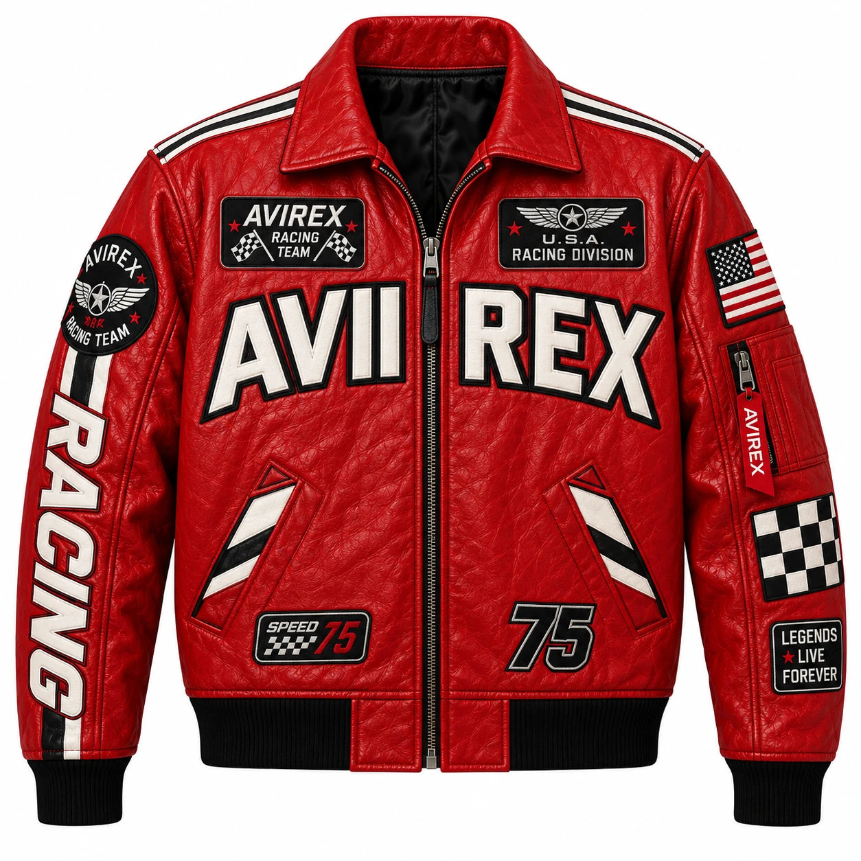 Front view of red racing leather bomber jacket with motorsport patches, zip closure, striped pockets and ribbed cuffs