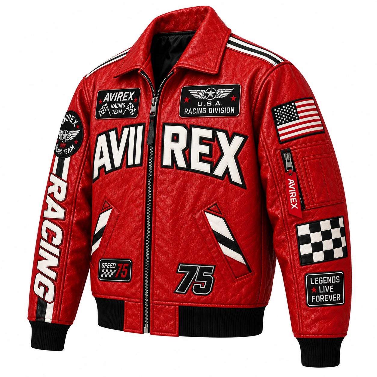 Three-quarter view of red racing leather jacket showing sleeve patches, flag detail, zip pocket and graphic chest artwork
