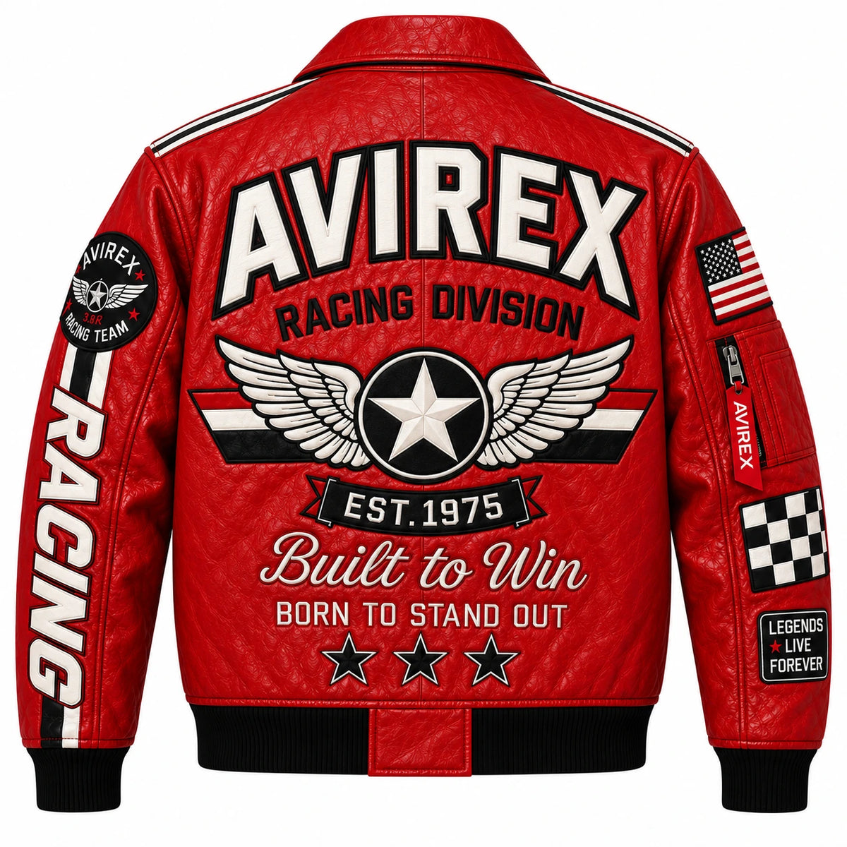Back view of red leather bomber jacket with oversized racing graphics, winged star emblem and striped shoulder detailing