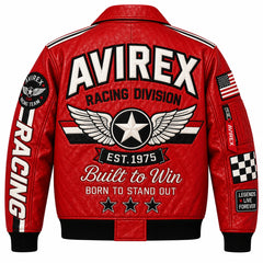 Back view of red leather bomber jacket with oversized racing graphics, winged star emblem and striped shoulder detailing