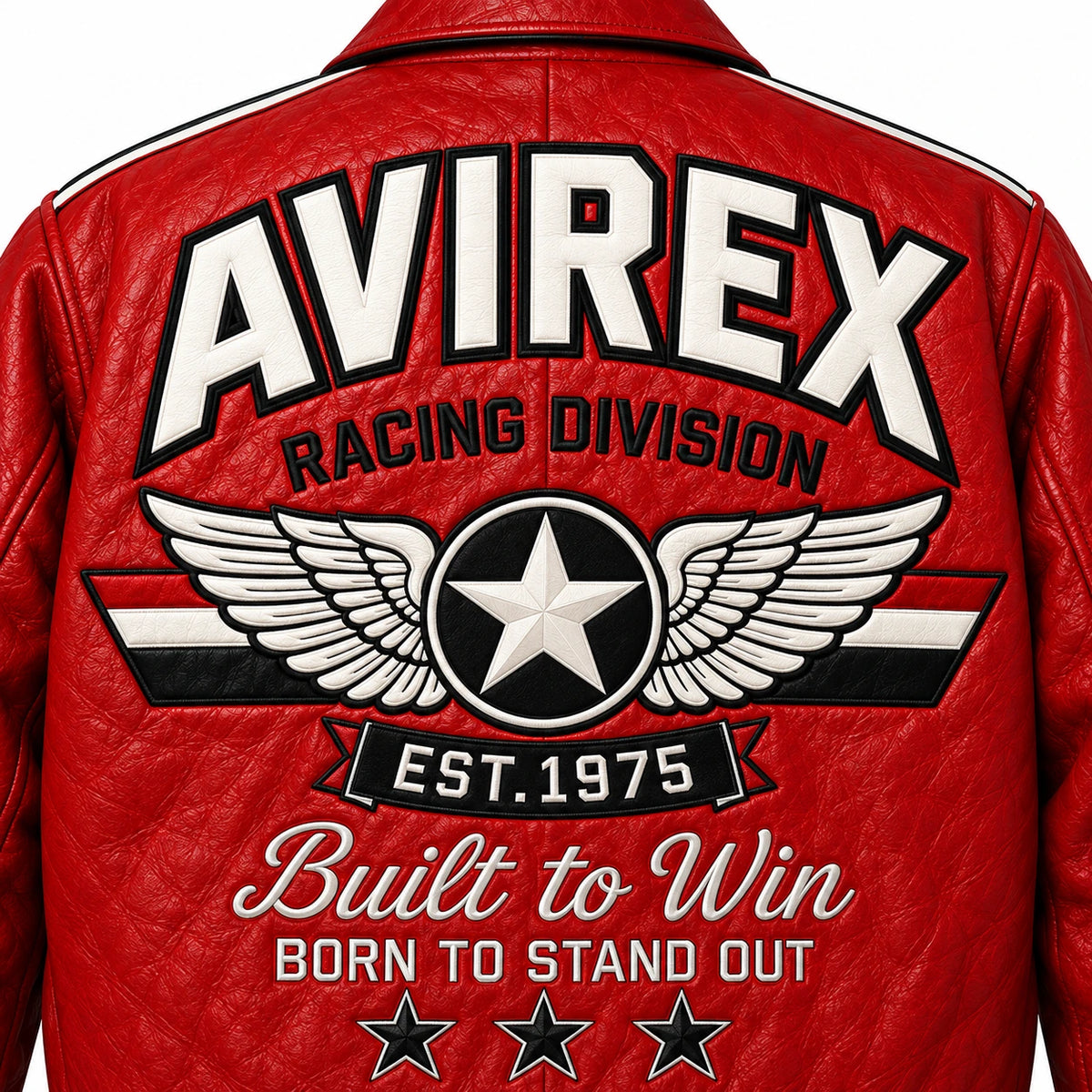 Close-up of red leather racing jacket back featuring large winged star graphic, racing lettering and black white accents