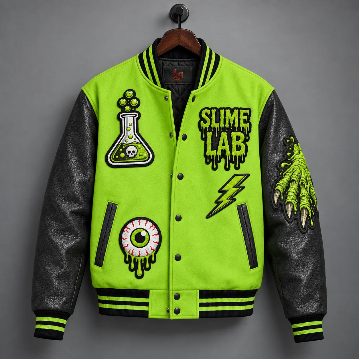 Front hanger view of Slime Lab varsity jacket with bubbling flask, dripping eyeball and lightning embroidery