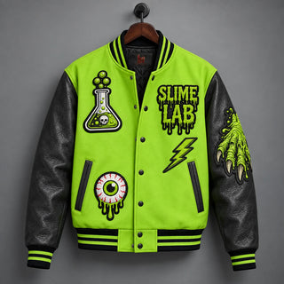 Front hanger view of Slime Lab varsity jacket with bubbling flask, dripping eyeball and lightning embroidery