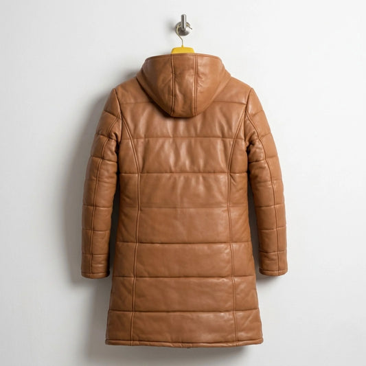 Tan Hooded Leather Puffer Coat back view showing quilted design - Leather Unit